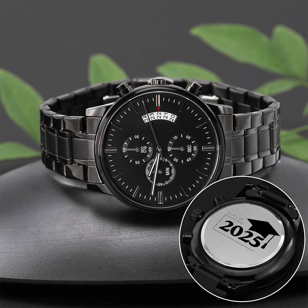 2025 Engraved Black Chronograph Watch